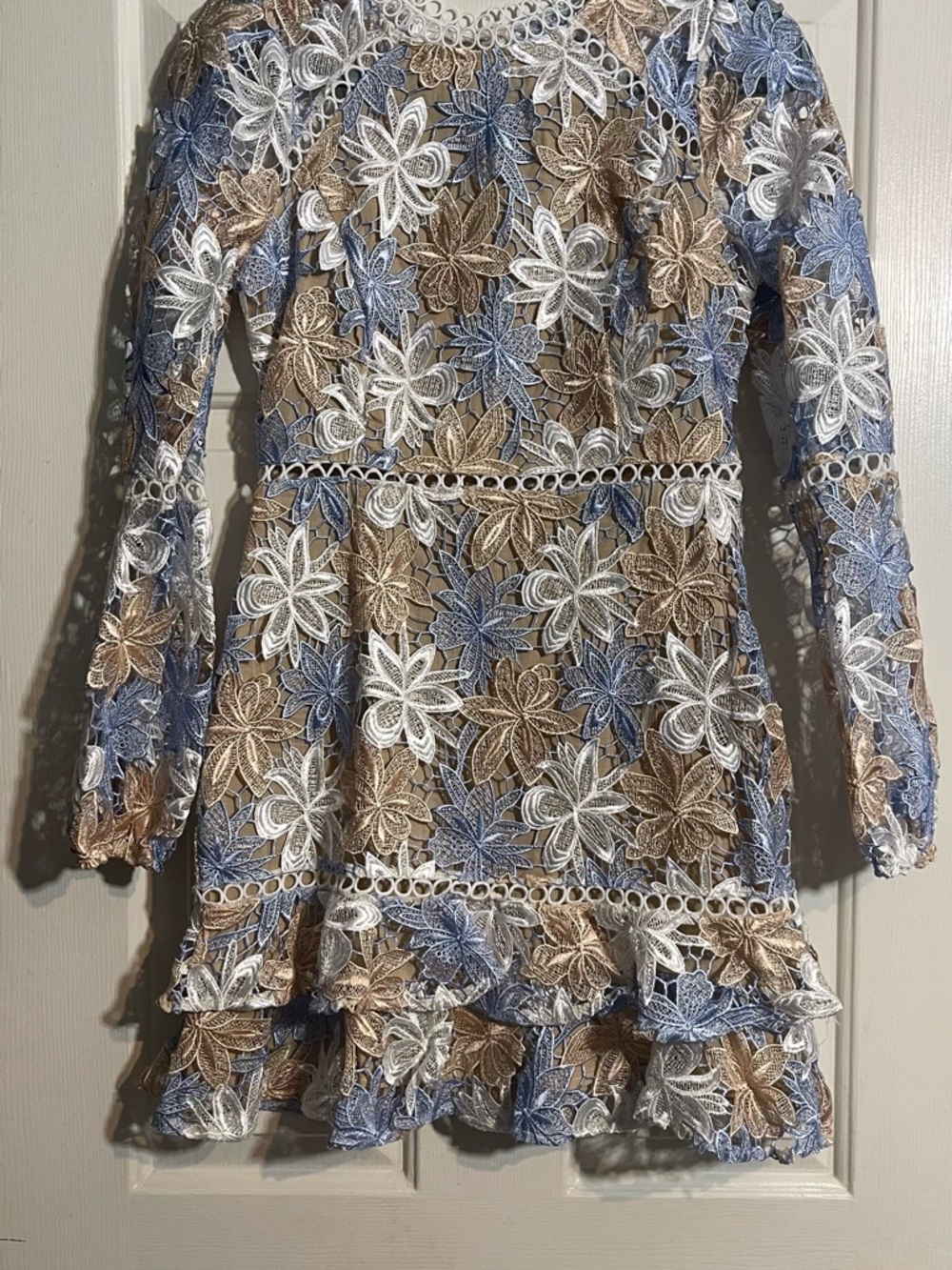 Just Me Blue, White & Tan Floral 3D Lace Tiered Midi Dress